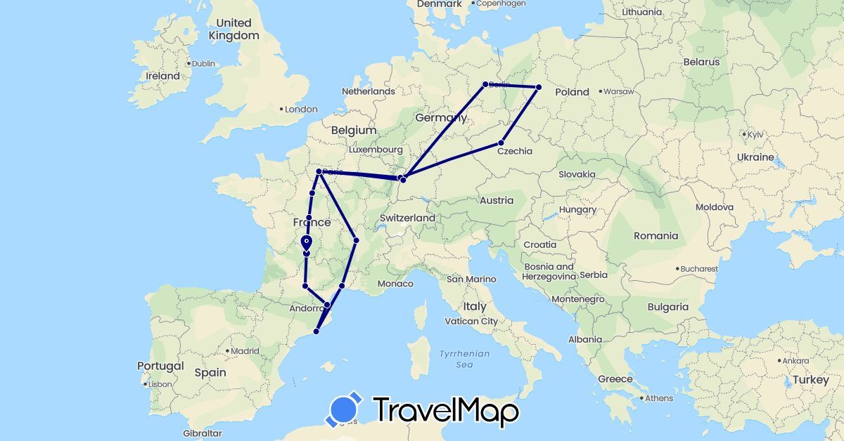TravelMap itinerary: driving in Czech Republic, Germany, Spain, France, Poland (Europe)